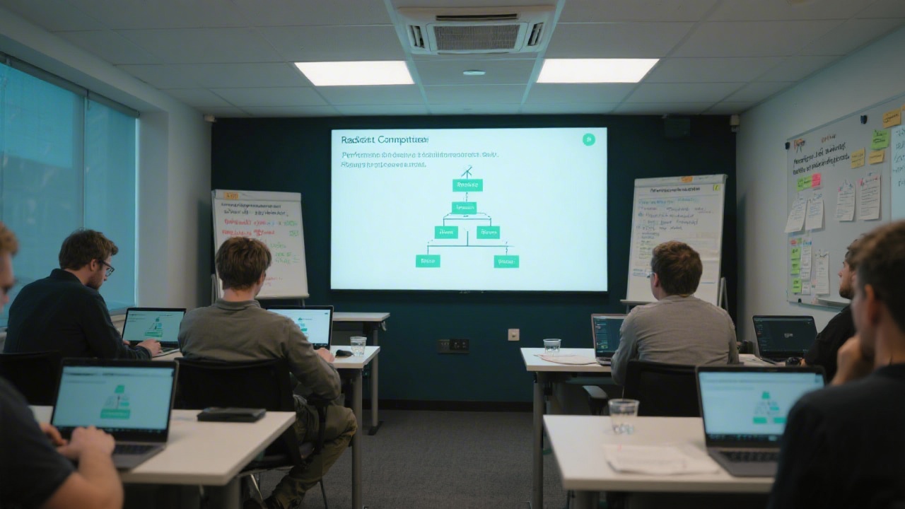 Professional training room with developers working on laptops, a large screen showing a React component tree, and notes about performance budgets and security practices.