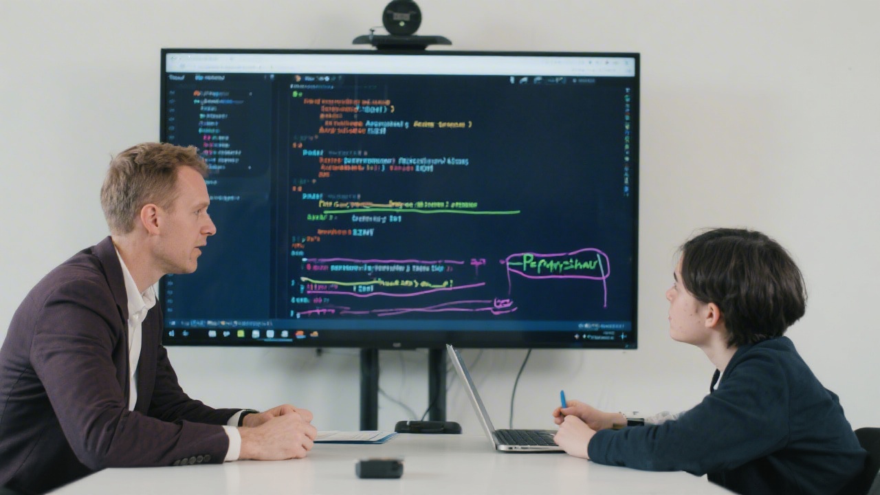 Instructor and student reviewing code on a large screen with annotations about performance and accessibility, reflecting a structured review session.