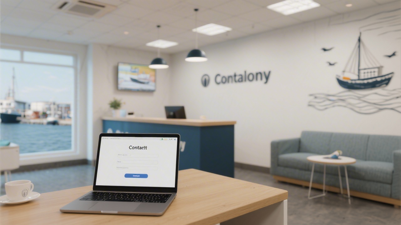 Reception area with subtle harbour-themed decor, a desk with a laptop open to a contact form, and a calm professional atmosphere.
