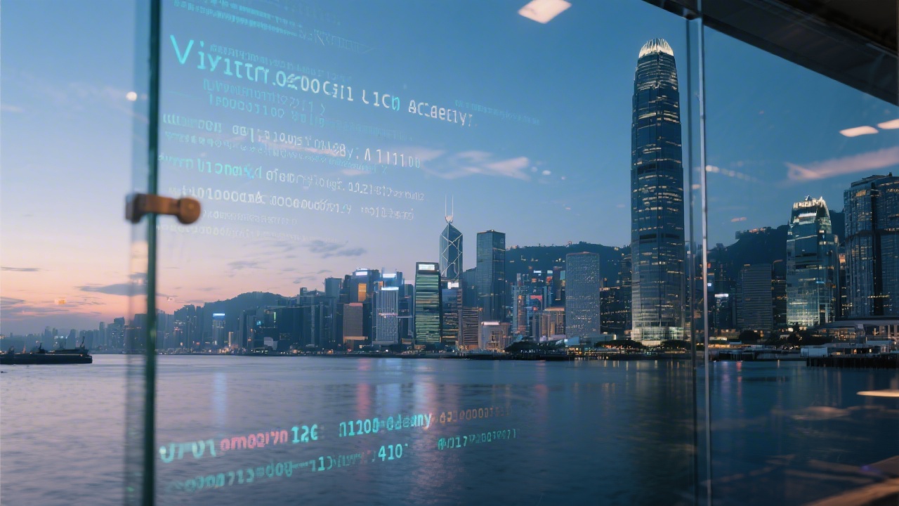 Evening skyline of Victoria Harbour with modern office towers, reflective water, and subtle code overlays on a glass panel, conveying a premium tech academy atmosphere.