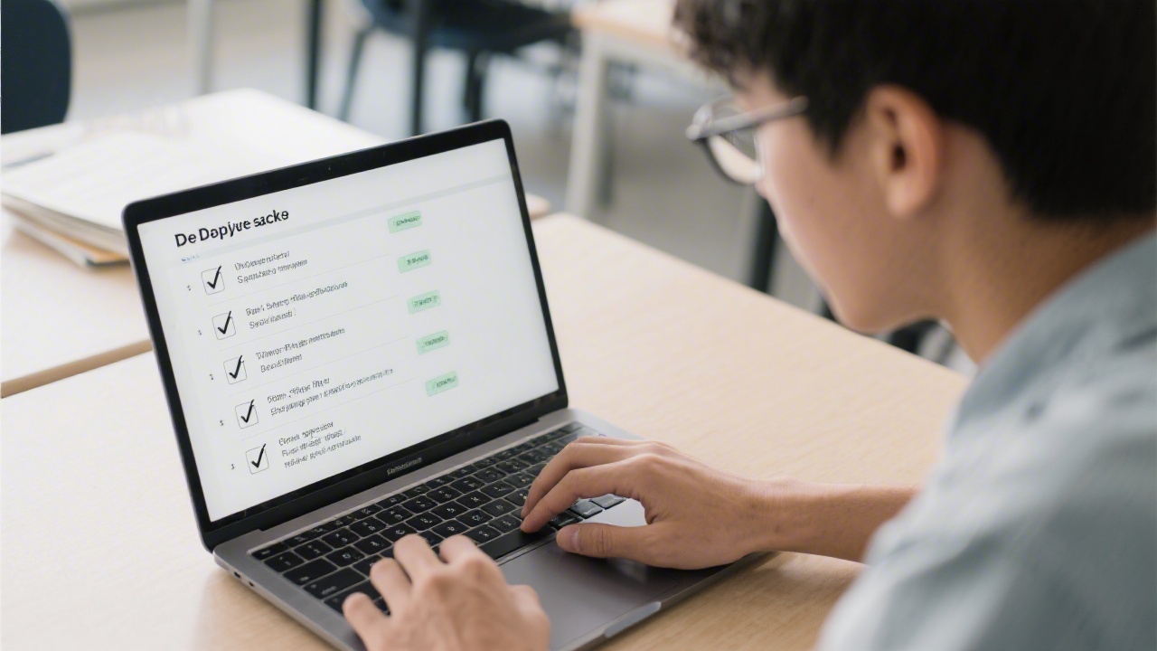 Focused student working on a laptop with a checklist of deployment tasks, indicating practical training in professional workflows.