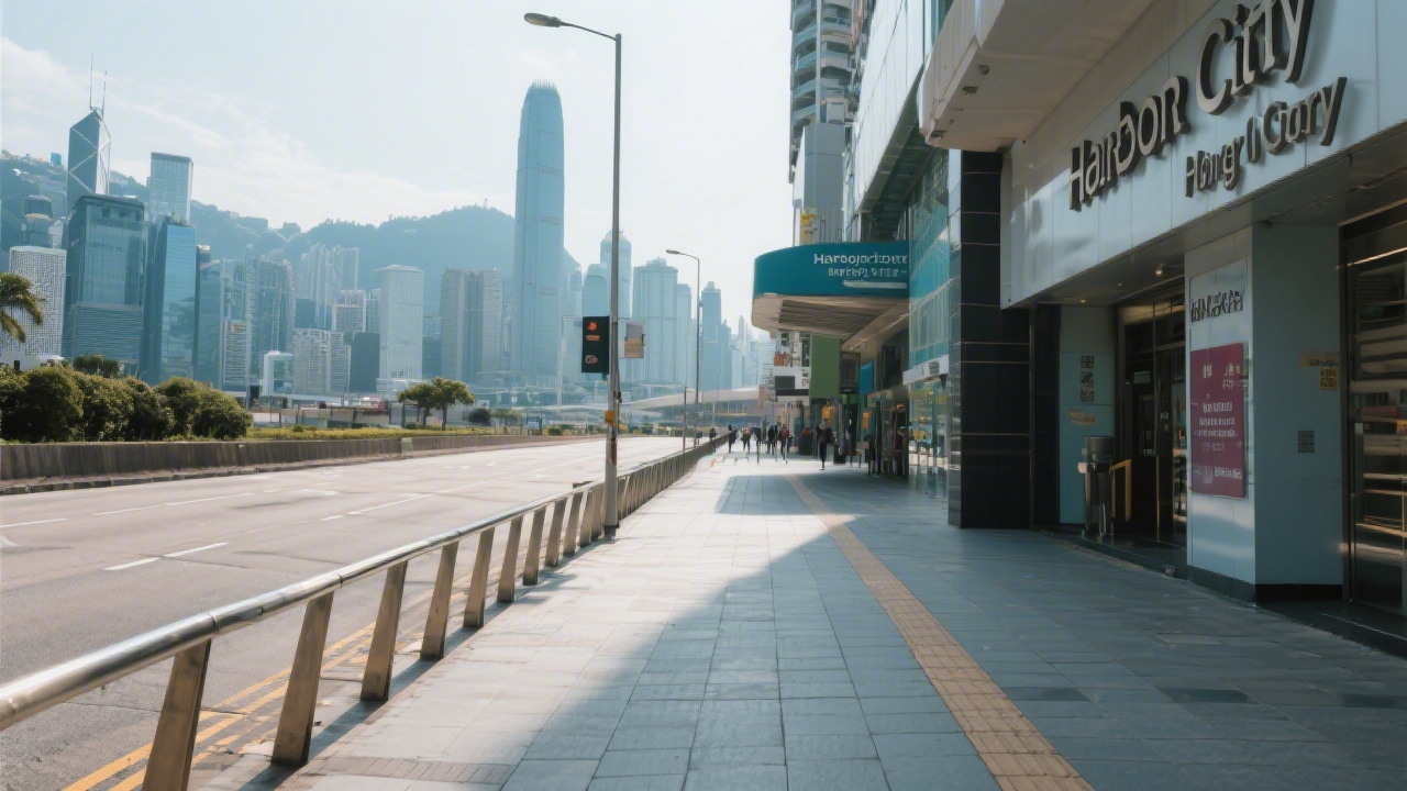 Street-level view near Harbour City with modern signage, clean pedestrian walkway, and the skyline in the distance, indicating a central Hong Kong location.
