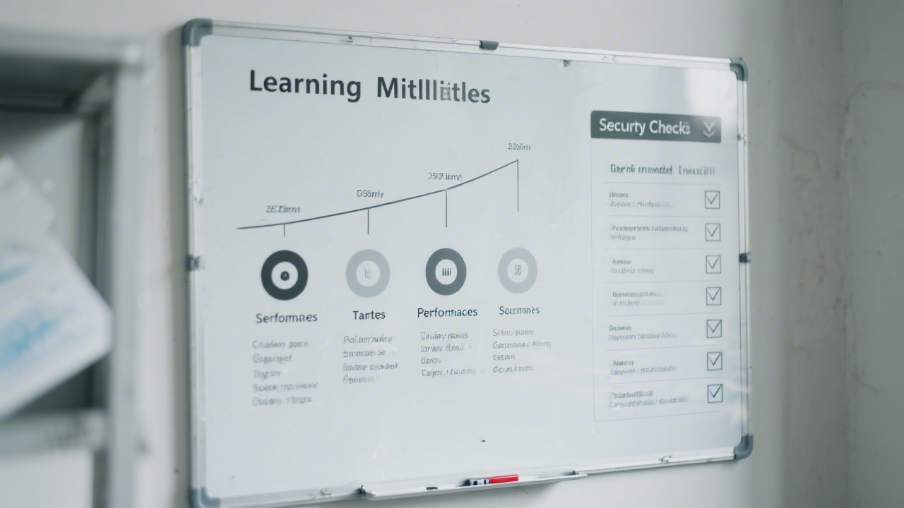 Close-up of a whiteboard with learning milestones, performance targets, and security checklists, representing a structured and professional education plan.