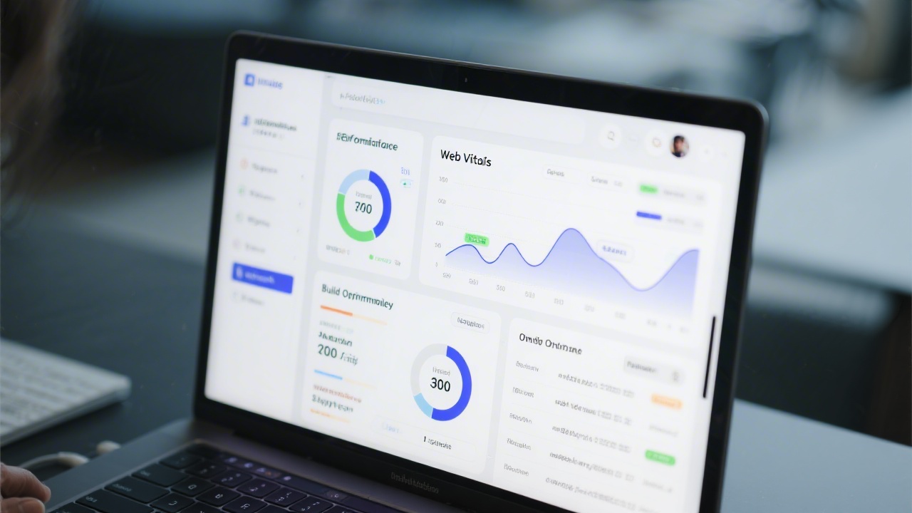 Close-up of a laptop showing performance dashboards, web vitals charts, and build optimization reports, suggesting a focus on measurable speed and stability.