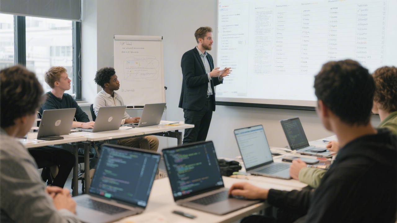 Workshop session with learners reviewing a project backlog, laptops open with code and design specs, demonstrating structured program delivery.