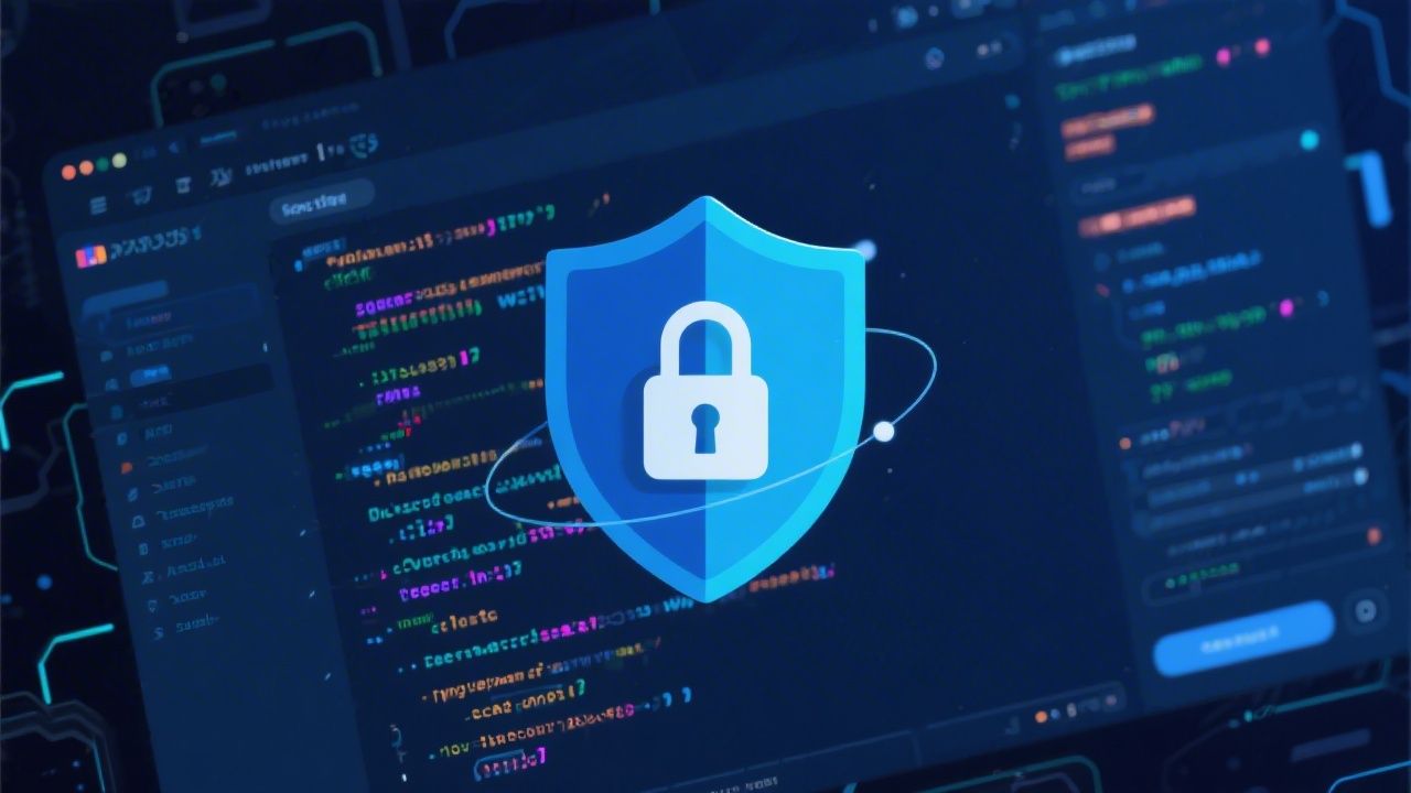 Abstract cyber security illustration with code editor, shield icon, and a lock overlay on a dark navy background, indicating secure web development practices.